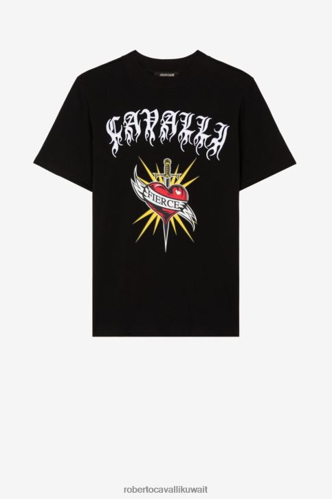 Roberto Cavalli رجال رشيقة تيشيرت قصير الأكمام بطباعة شرسة ملابس 4H40H754