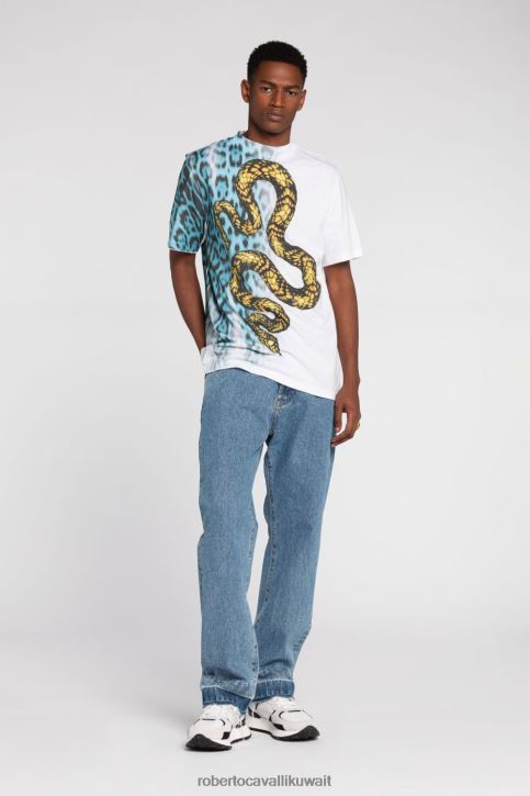 Roberto Cavalli رجال موضة تيشيرت قطن بطبعة حيوان ملابس 4H40H756