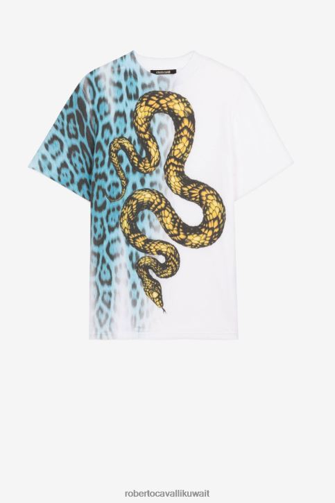 Roberto Cavalli رجال أزرق أبيض تيشيرت قطن بطبعة جاكوار وثعبان ملابس 4H40H757