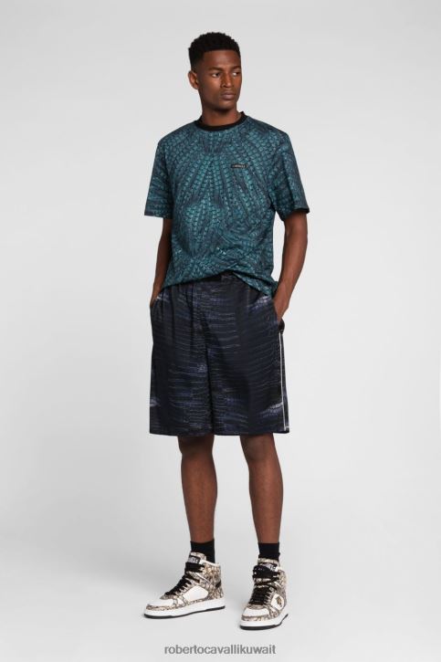 Roberto Cavalli رجال أزرق أبيض تيشيرت قطن بطبعة جاكوار وثعبان ملابس 4H40H757