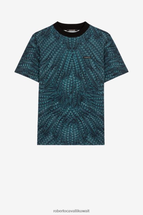 Roberto Cavalli رجال رشيقة تيشيرت بطبعة ريش ملابس 4H40H758