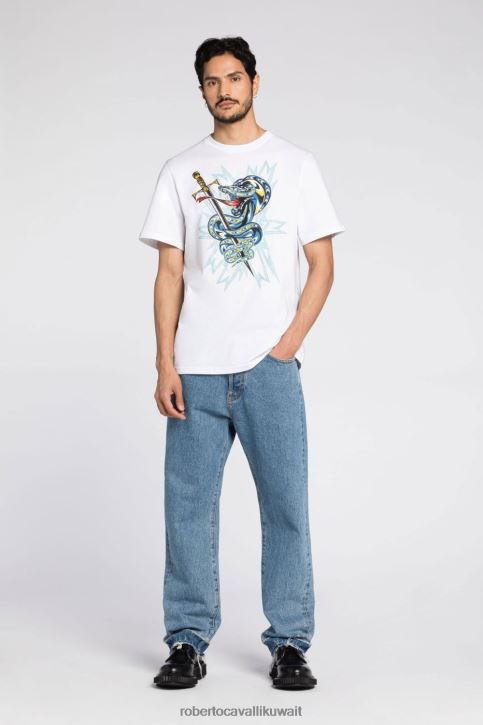 Roberto Cavalli رجال أنيق تيشيرت قطن بطبعة جلد الثعبان ملابس 4H40H759