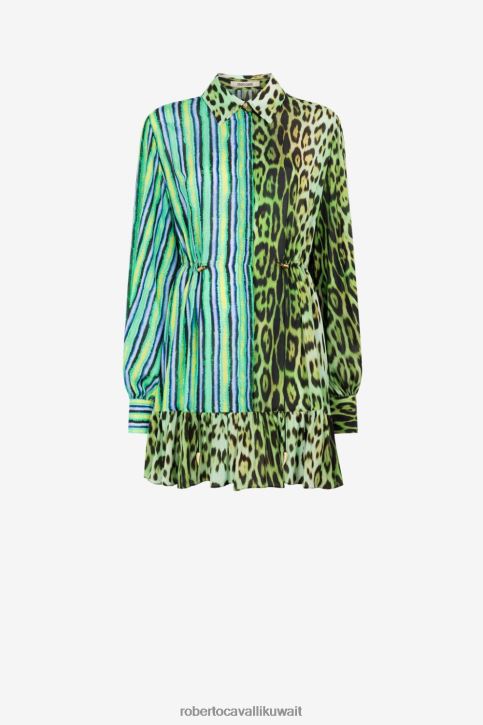 Roberto Cavalli نحيف موضة فستان قميص بطبعات مختلطة ملابس 4H40H76