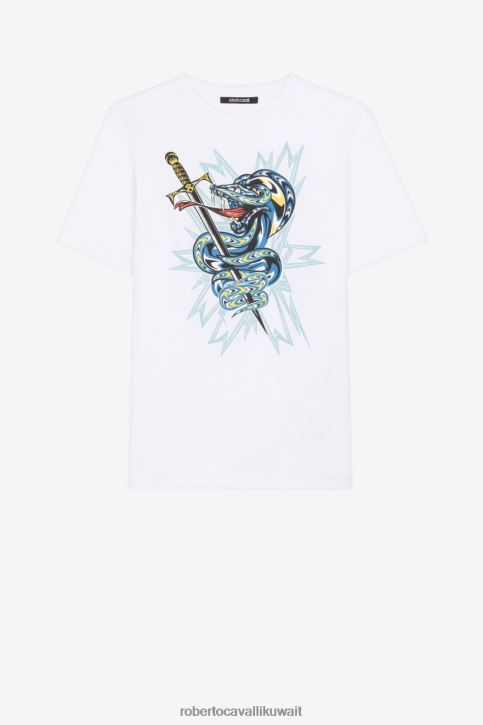 Roberto Cavalli رجال أنيق تيشيرت قطن بطبعة جلد الثعبان ملابس 4H40H760