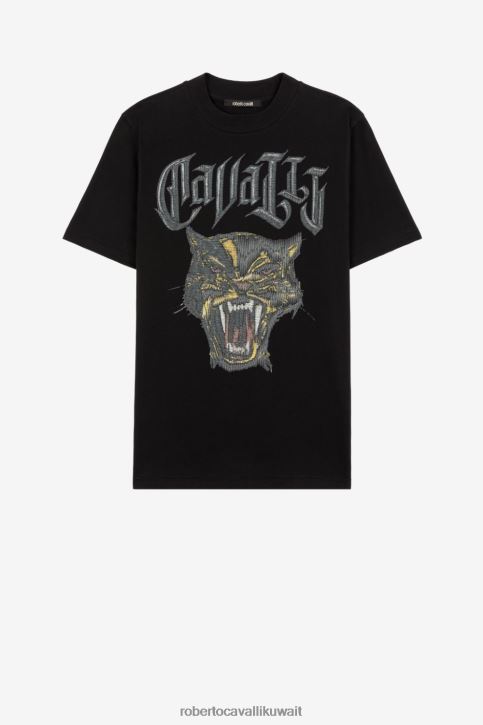 Roberto Cavalli رجال أنيق تيشيرت قطن بطبعة النمر ملابس 4H40H763
