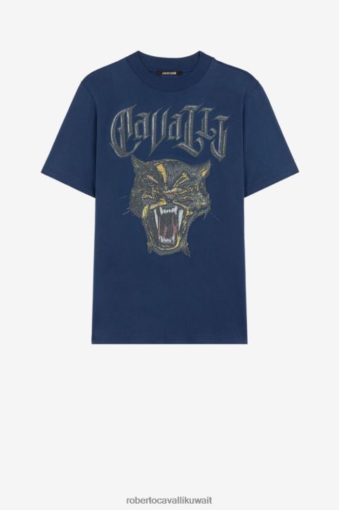 Roberto Cavalli رجال أنيق تيشيرت قطن بطبعة النمر ملابس 4H40H765