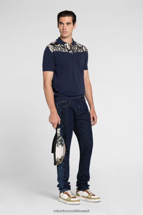 Roberto Cavalli رجال أنيق قميص بولو قطن بطبعة جلد الفهد ملابس 4H40H767