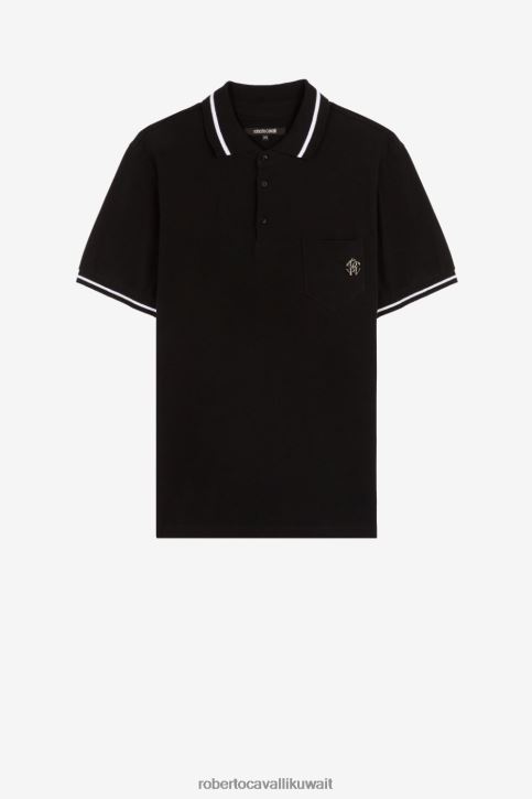 Roberto Cavalli رجال أسود قميص بولو من القطن بطبعة ثعبان ملابس 4H40H769