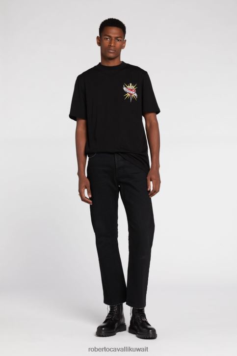 Roberto Cavalli رجال أنيق تيشيرت قطن بطبعة جلد الثعبان ملابس 4H40H773