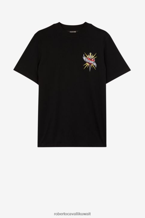 Roberto Cavalli رجال أسود تيشيرت قطن مطرز بشعار الماركة ملابس 4H40H774