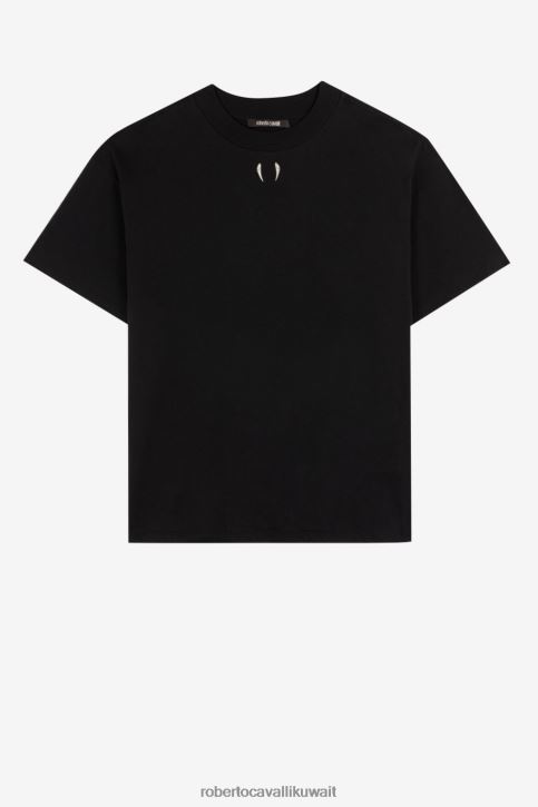 Roberto Cavalli رجال أسود تي شيرت قطن بأسنان النمر ملابس 4H40H778
