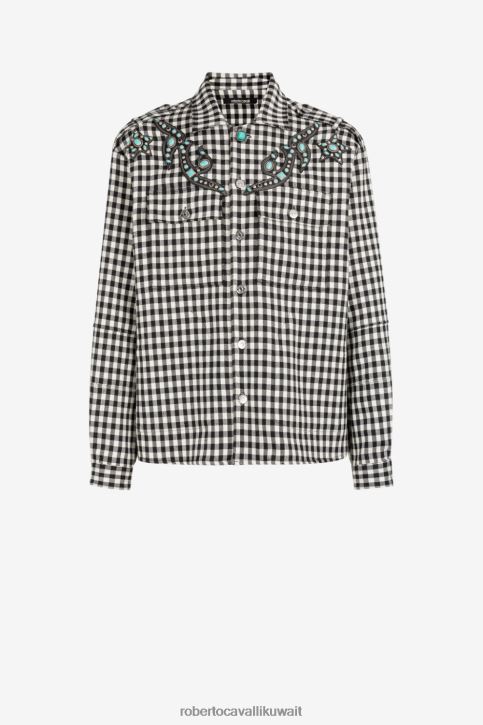 Roberto Cavalli رجال أسود سترة من القماش القطني مزينة باللون الفيروزي ملابس 4H40H779