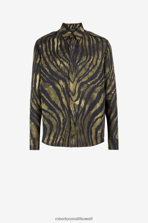 Roberto Cavalli رجال أخضر قميص حرير بطبعة حرية ملابس 4H40H781