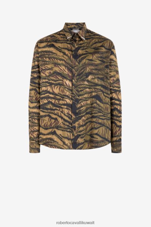 Roberto Cavalli رجال أخضر قميص قطن بطبعة النمر ملابس 4H40H782