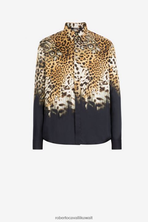 Roberto Cavalli رجال أسود قميص حرير بطبعة جلد الفهد ملابس 4H40H783