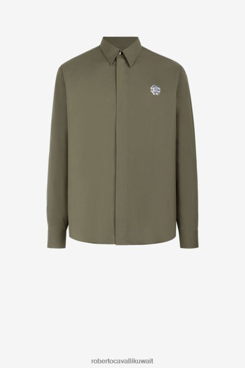 Roberto Cavalli رجال أخضر قميص قطني بطبعة ثعبان مرآة ملابس 4H40H785
