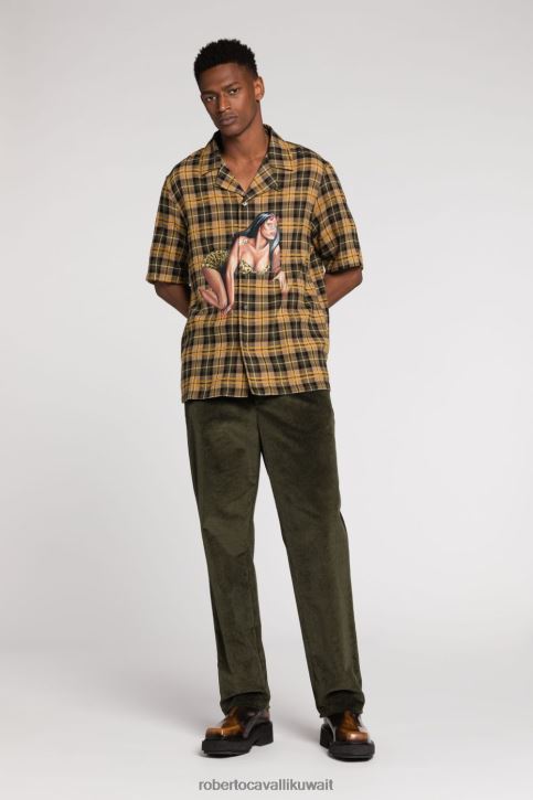 Roberto Cavalli رجال أخضر قميص قطني بطبعة ثعبان مرآة ملابس 4H40H785
