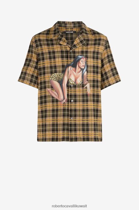 Roberto Cavalli رجال متعدد الألوان قميص كاروهات بطبعة جرافيك ملابس 4H40H786