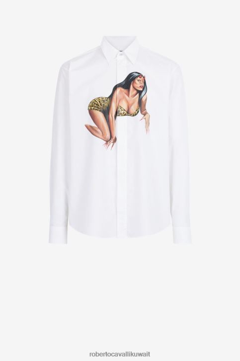 Roberto Cavalli رجال البصرية الأبيض قميص قطن بطبعة جرافيك ملابس 4H40H787