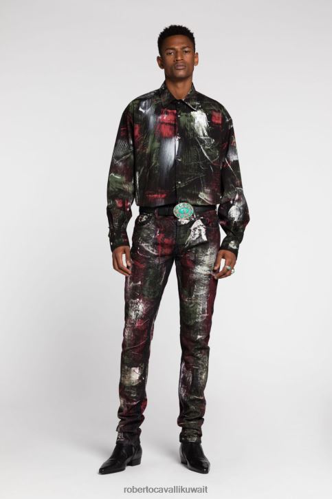 Roberto Cavalli رجال حار قميص قصير الأكمام بطبعات جرافيكية على كامل التصميم ملابس 4H40H788