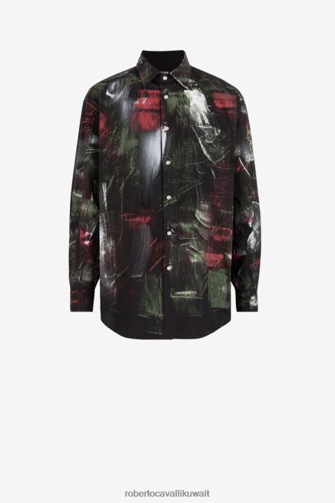 Roberto Cavalli رجال متعدد الألوان قميص قطن بتأثير طلاء ملابس 4H40H789