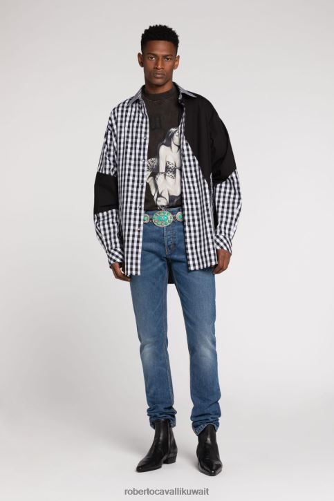 Roberto Cavalli رجال متعدد الألوان قميص قطن بتأثير طلاء ملابس 4H40H789