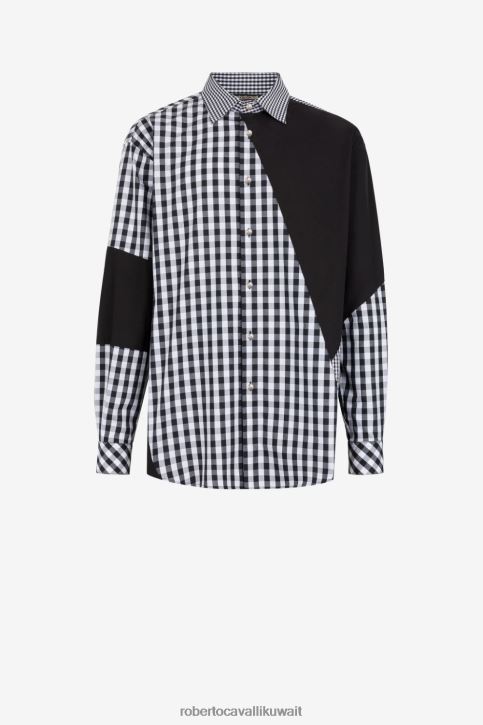 Roberto Cavalli رجال أسود قميص من قطن الجينغهام ملابس 4H40H790