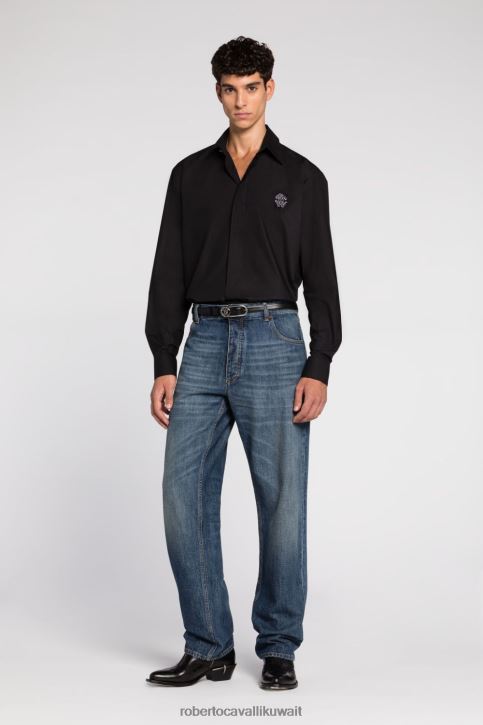 Roberto Cavalli رجال أسود قميص من قطن الجينغهام ملابس 4H40H790