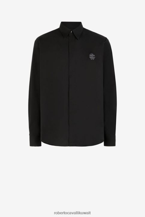 Roberto Cavalli رجال رشيقة قميص قطن مطرز بالشعار ملابس 4H40H791