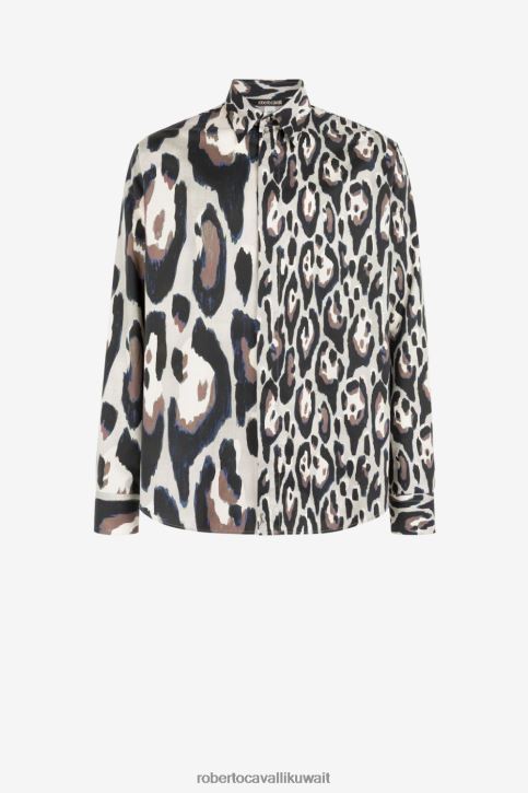 Roberto Cavalli رجال أنيق قميص قطن بطبعة جاكوار ملابس 4H40H795