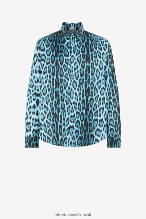 Roberto Cavalli رجال أنيق قميص قطن بطبعة جاكوار ملابس 4H40H796