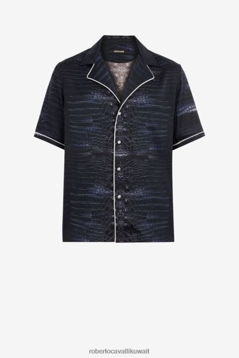 Roberto Cavalli رجال أنيق قميص بأكمام قصيرة وطبعة جلد الثعبان ملابس 4H40H805