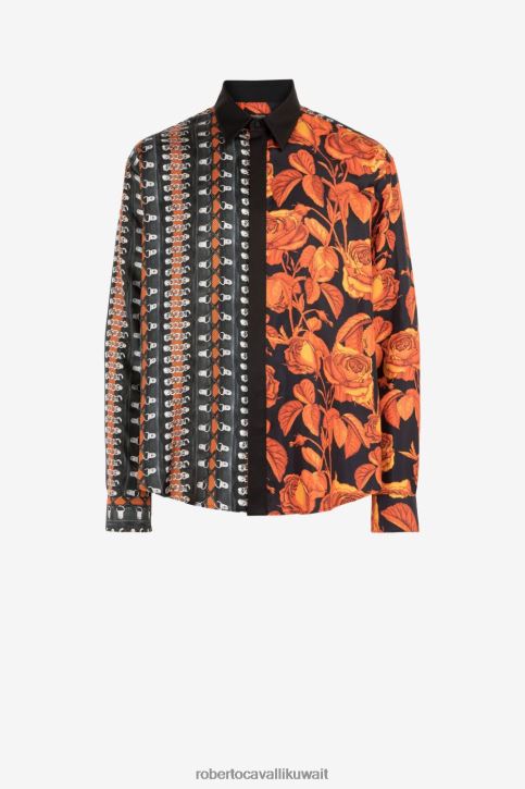 Roberto Cavalli رجال نار/أسود قميص حرير بطبعة عبودية الزهور ملابس 4H40H810