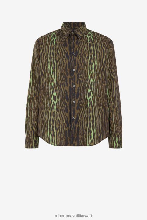 Roberto Cavalli رجال موضة قميص قطن بطبعة حيوان القط البري ملابس 4H40H813