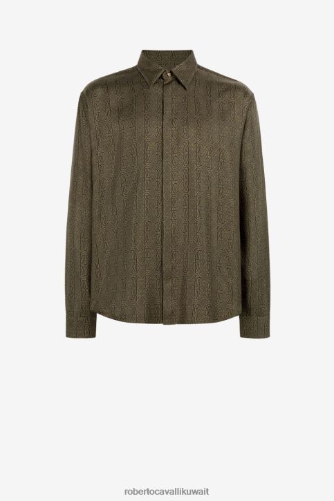 Roberto Cavalli رجال جيش قميص حرير بطبعة مونوغرام ملابس 4H40H814