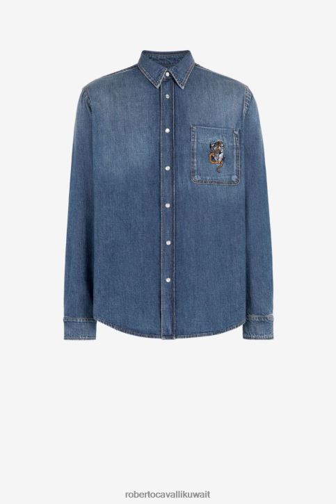 Roberto Cavalli رجال حار قميص جينز مطرز بنقش جاكوار ملابس 4H40H815