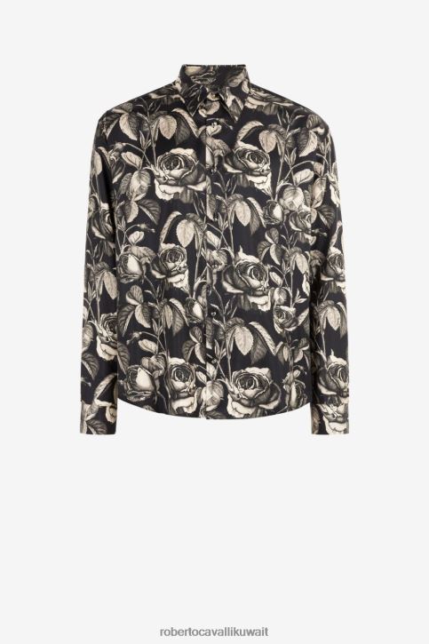 Roberto Cavalli رجال فضي/أسود قميص حرير بطبعة ورد ملابس 4H40H817