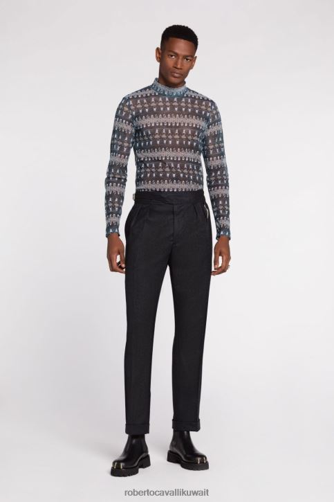 Roberto Cavalli رجال فضي/أسود قميص حرير بطبعة ورد ملابس 4H40H817