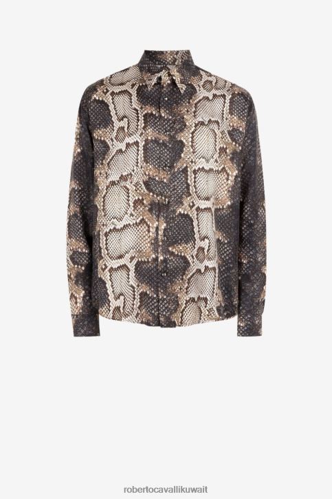 Roberto Cavalli رجال بيثون/أسود قميص حرير بطبعة جلد الثعبان ملابس 4H40H821