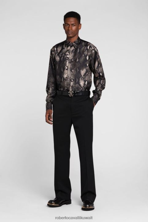 Roberto Cavalli رجال بيثون/أسود قميص حرير بطبعة جلد الثعبان ملابس 4H40H821