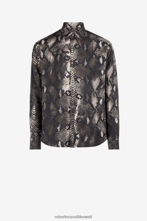 Roberto Cavalli رجال موضة قميص حرير بطبعة ثعبان الروك ملابس 4H40H822