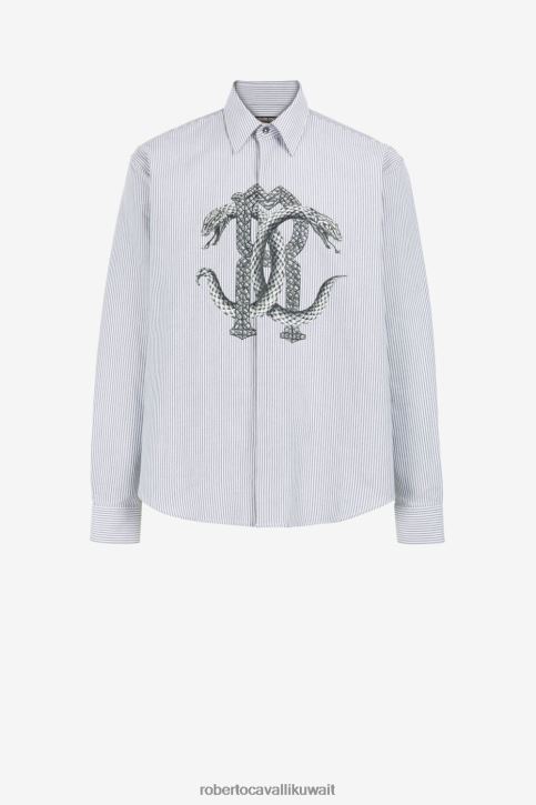 Roberto Cavalli رجال أسود/أبيض قميص مقلم بطبعة جلد الثعبان ملابس 4H40H824