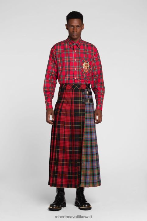 Roberto Cavalli رجال أسود/أبيض قميص مقلم بطبعة جلد الثعبان ملابس 4H40H824