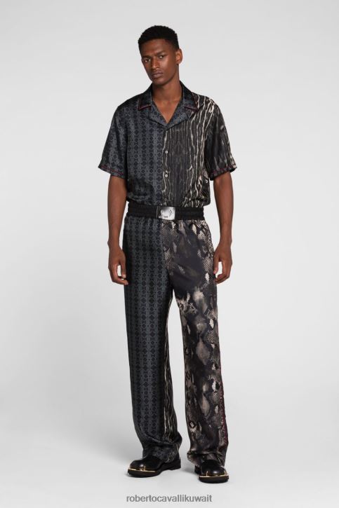 Roberto Cavalli رجال موضة قميص قطن بطبعة الترتان ملابس 4H40H825