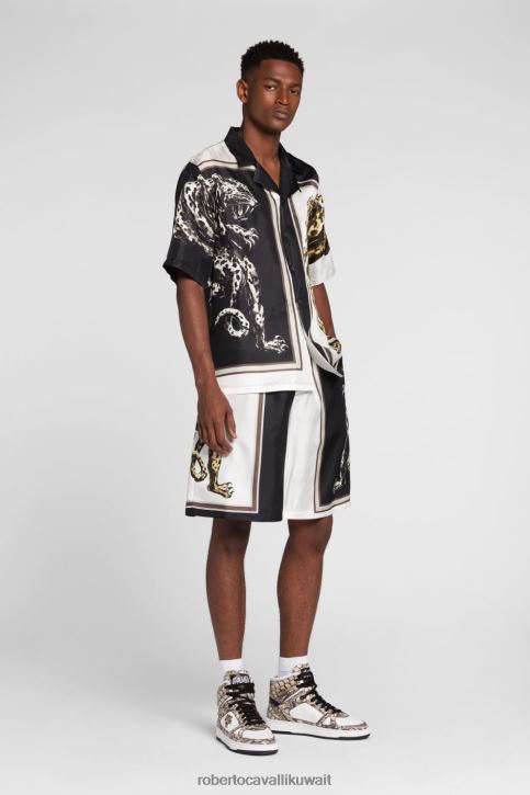 Roberto Cavalli رجال أسود قميص قطن بأسنان النمر ملابس 4H40H828