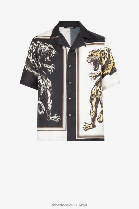 Roberto Cavalli رجال أنيق قميص حرير بطبعة النمر ملابس 4H40H829