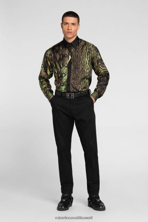 Roberto Cavalli رجال أنيق قميص حرير بطبعة النمر ملابس 4H40H829