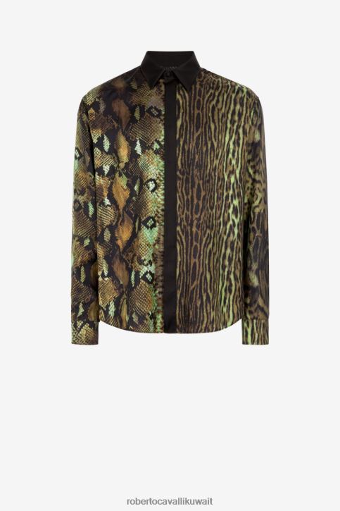 Roberto Cavalli رجال جيش قميص حرير بطبعات الثعبان والأسلوت ملابس 4H40H830
