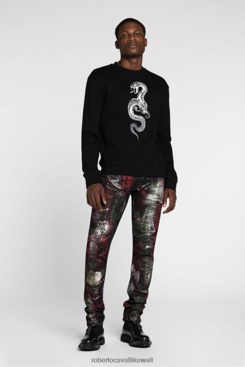 Roberto Cavalli رجال جيش قميص حرير بطبعات الثعبان والأسلوت ملابس 4H40H830