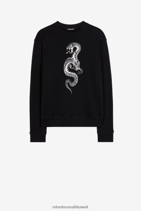 Roberto Cavalli رجال أسود كنزة قطن بطبعة جلد الثعبان ملابس 4H40H831